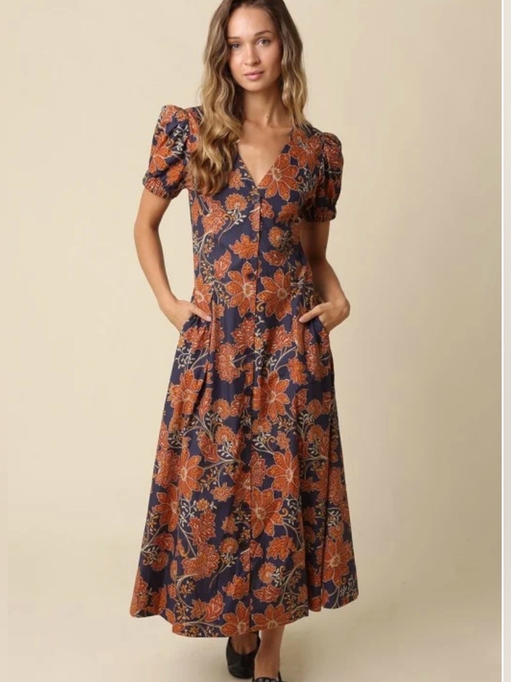 Olivaceous Navy Midi Dress with Rust Floral Print NWT